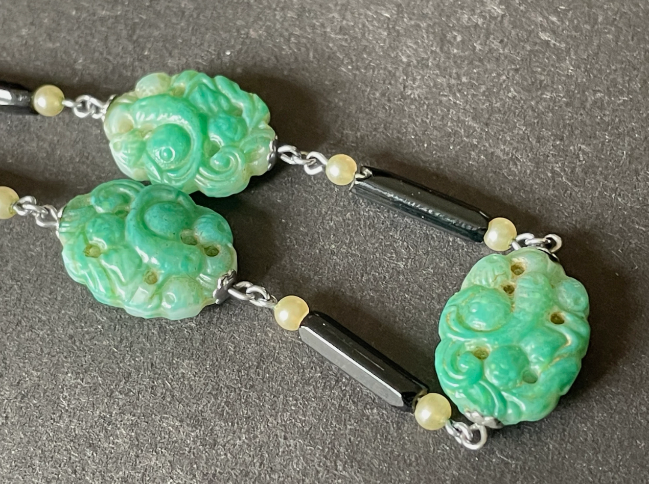 True vintage jade green moulded glass koi carp design bead and French jet black glass and faux pearl bead necklace
