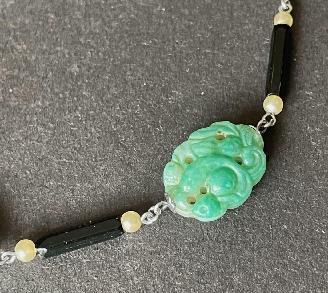 True vintage jade green moulded glass koi carp design bead and French jet black glass and faux pearl bead necklace