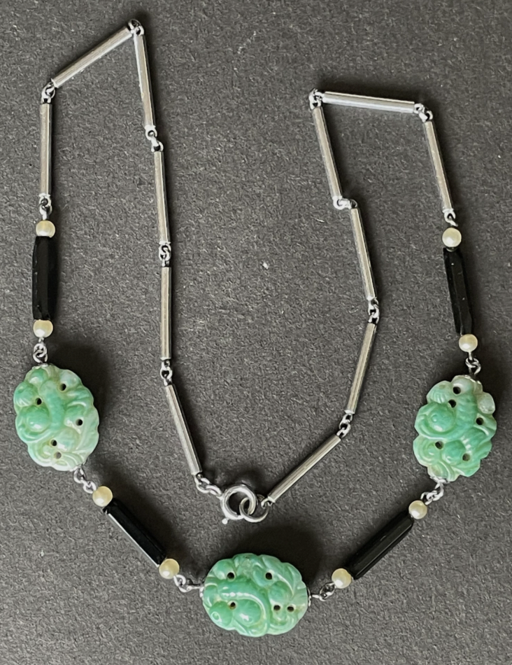 True vintage jade green moulded glass koi carp design bead and French jet black glass and faux pearl bead necklace