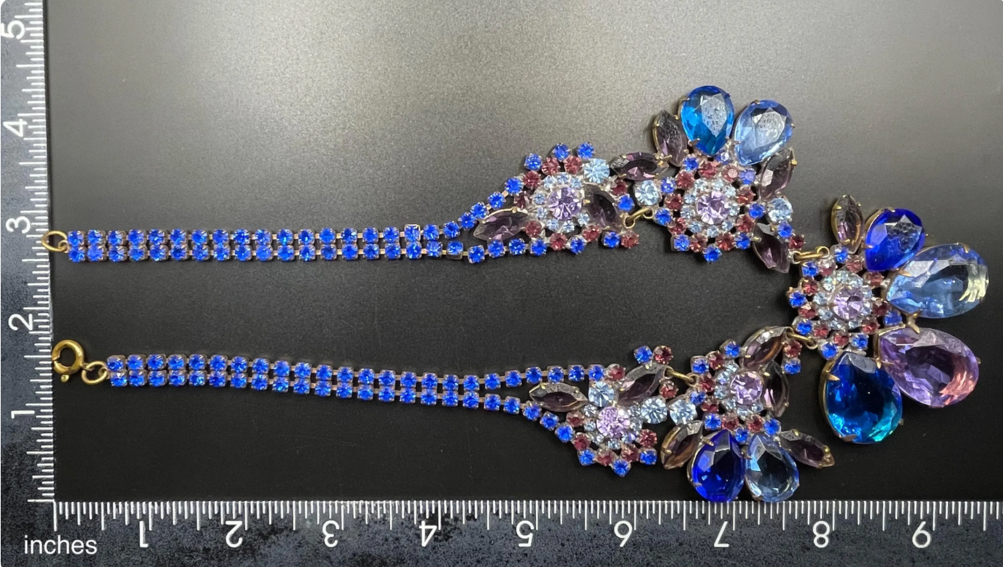 Showstopping huge vintage prom or party rhinestone bib necklace, large blue and purple Czech rhinestones, heavy glass piece