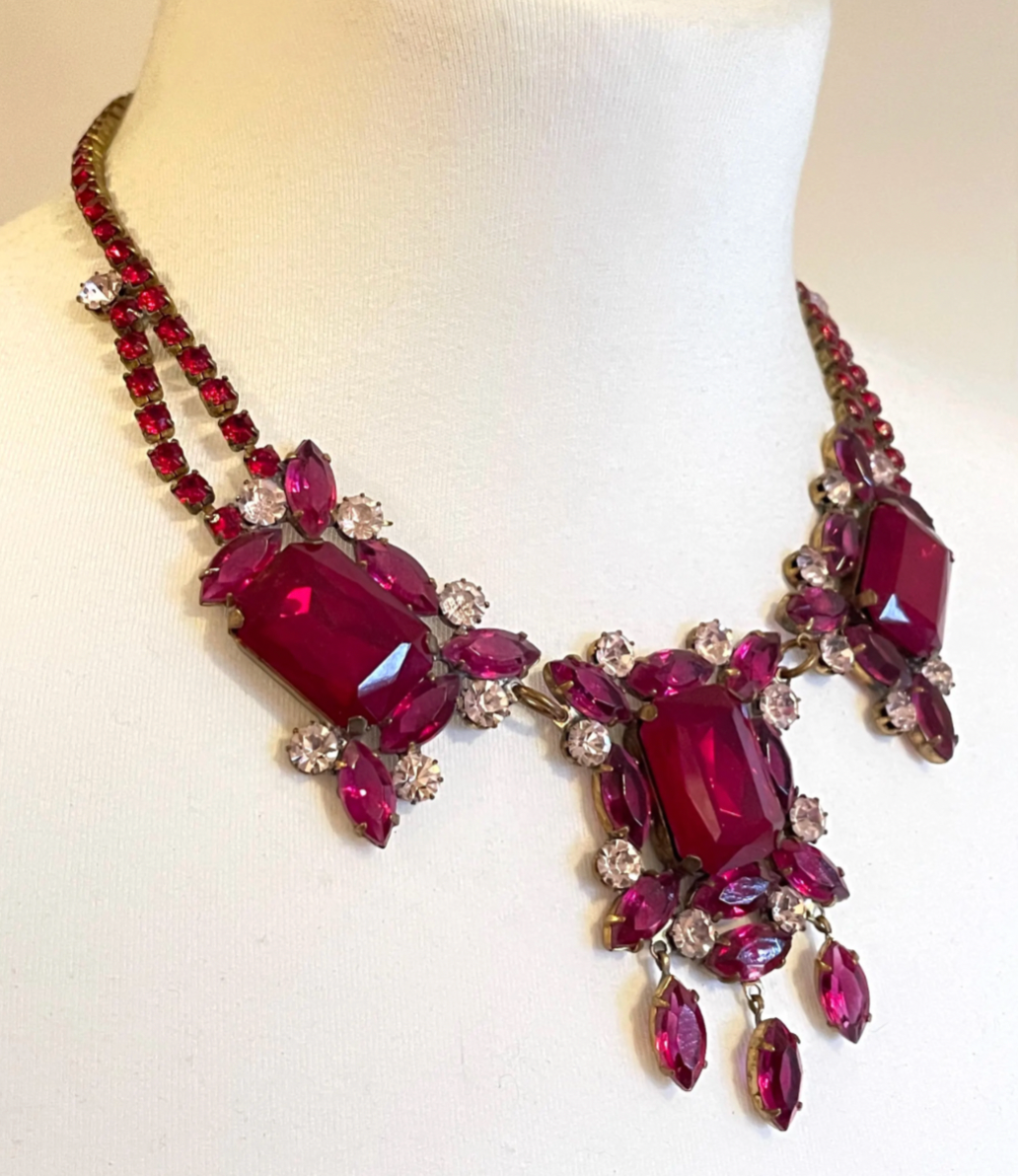 Huge vintage prom or party rhinestone bib necklace, large pink, clear and ruby red vibrant Czech rhinestones, heavy glass showstopping piece