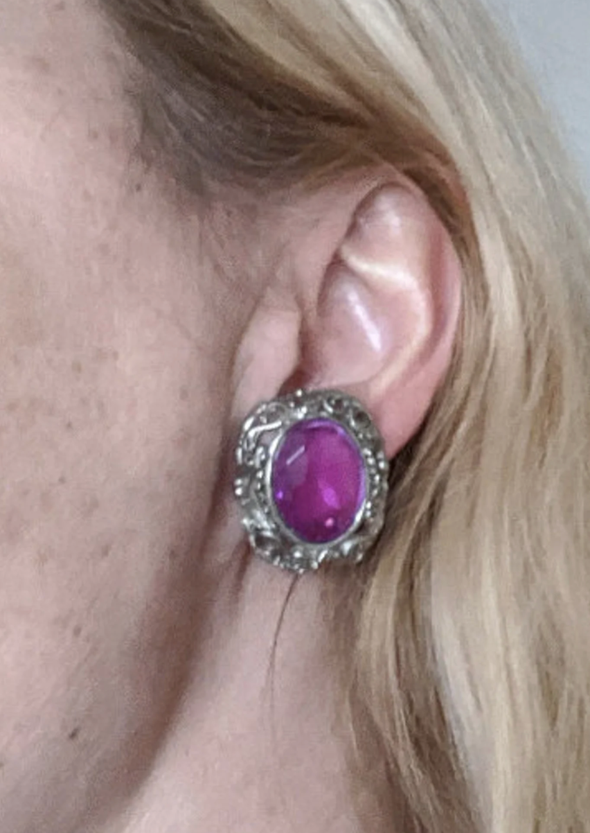 Vintage amethyst purple glass crystal rhinestone, heavy ornate bracelet and clip on earrings set demi-parure, baroque style