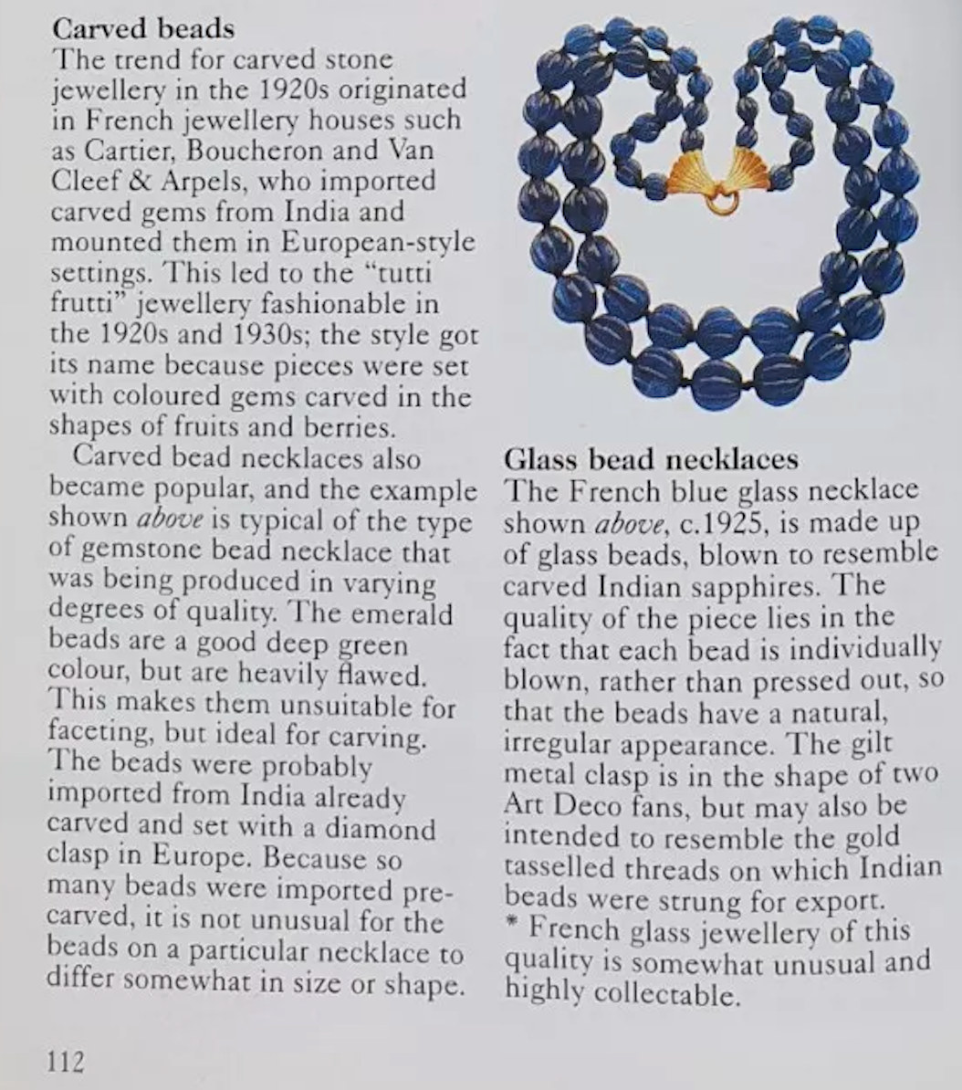 Vintage Art Deco carved rock crystal (or poured glass) melon / pumpkin bead necklace, hand knotted, with sterling silver and marcasite clasp