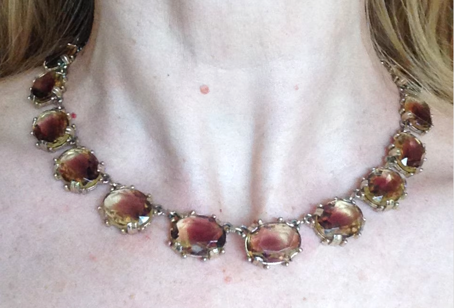 Vintage bi-colour purple amethyst and yellow citrine ametrine glass crystal riviere necklace by Sphinx