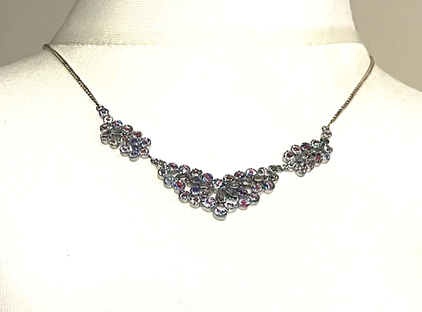 Vintage Art Deco iris glass crystal rhinestone, open backed, claw set cocktail bracelet, rainbow stripes, geometric design