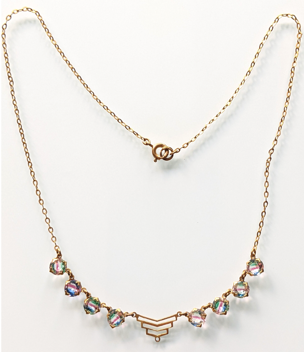 Vintage Art Deco crystal rhinestone delicate semi - riviere necklace, 2 different colours available, iris glass and pink