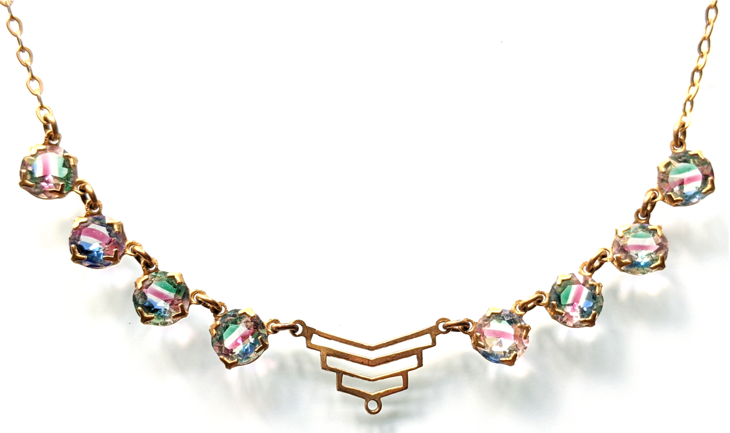 Vintage Art Deco crystal rhinestone delicate semi - riviere necklace, 2 different colours available, iris glass and pink
