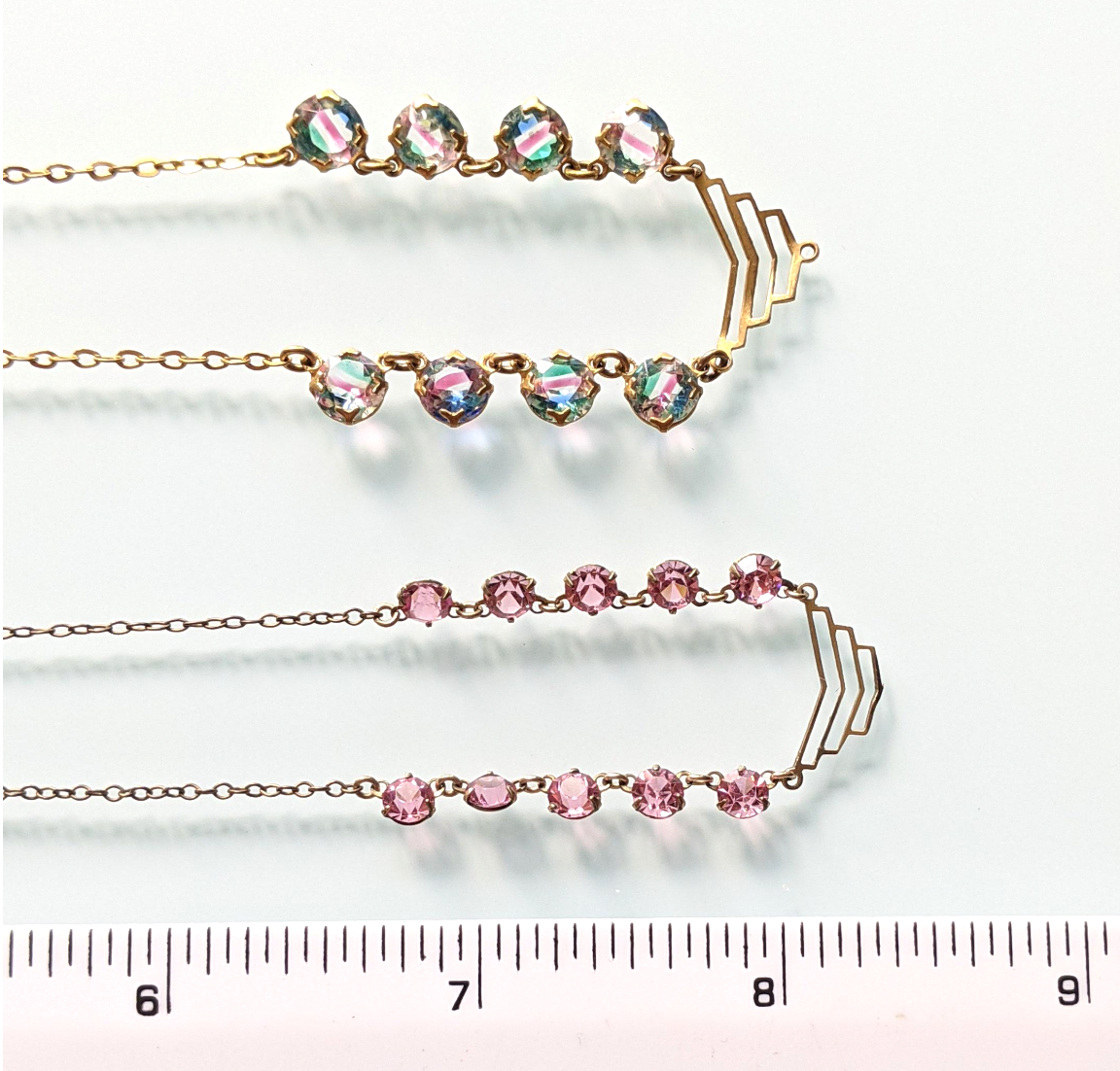 Vintage Art Deco crystal rhinestone delicate semi - riviere necklace, 2 different colours available, iris glass and pink