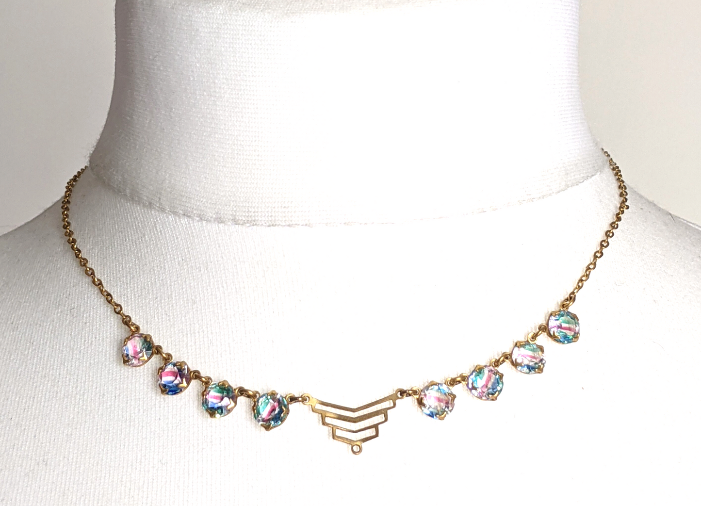Vintage Art Deco crystal rhinestone delicate semi - riviere necklace, 2 different colours available, iris glass and pink