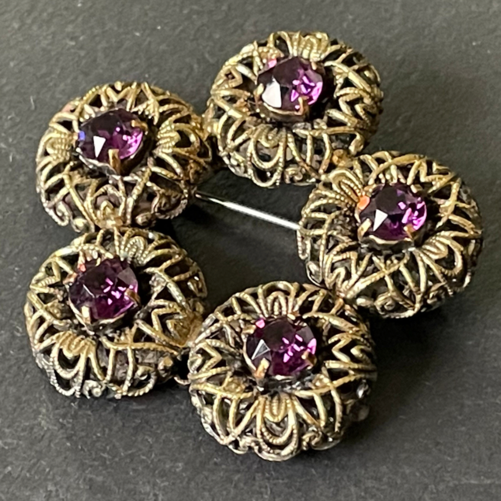 Large vintage amethyst purple paste 1930s Czech Art Deco rhinestone floral brooch with gold tone filigree