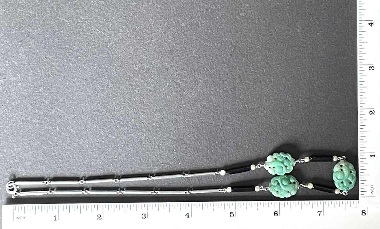 True vintage jade green moulded glass koi carp design bead and French jet black glass and faux pearl bead necklace