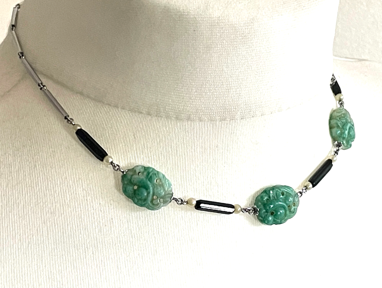 True vintage jade green moulded glass koi carp design bead and French jet black glass and faux pearl bead necklace