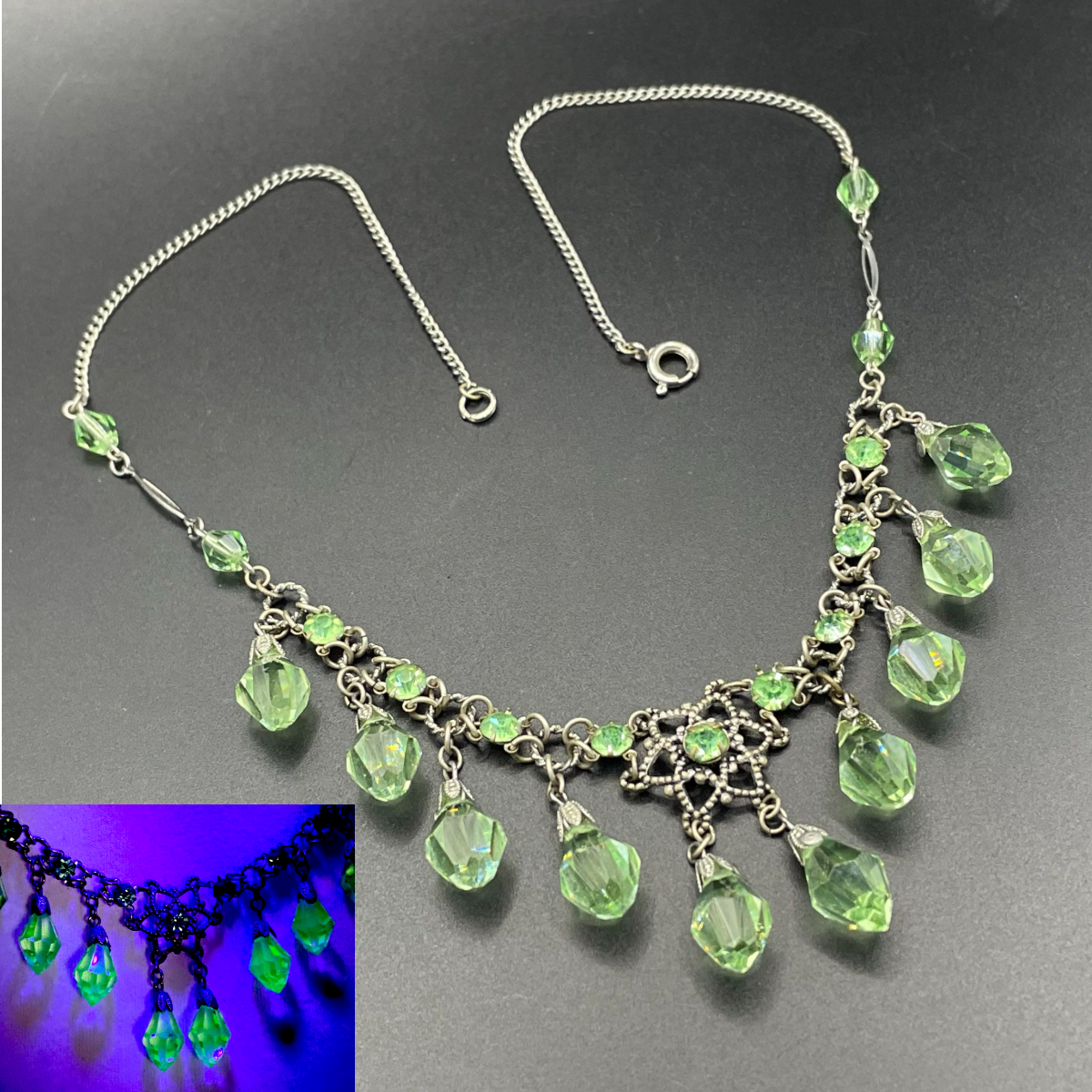 Vintage uranium glass drop and green faceted crystal Art Deco fringe necklace - fabulous beads that glow under UV light