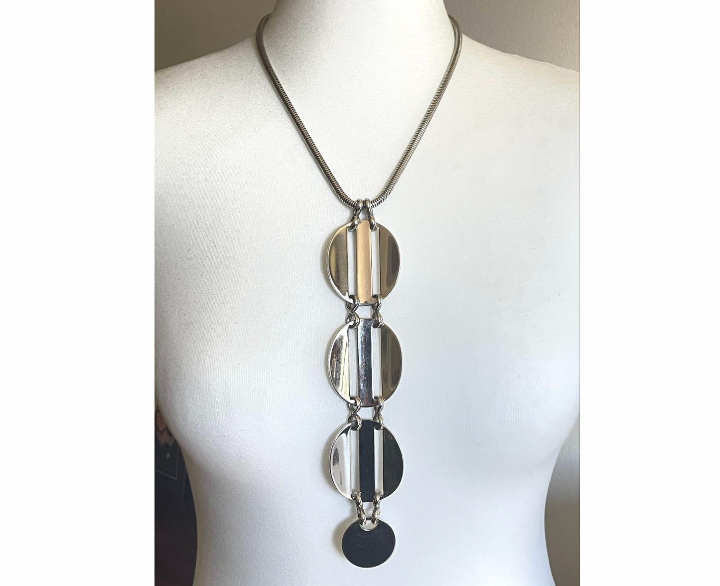 Huge vintage signed Grosse 1971 shiny silver tone long pendant necklace, space age disco design by Henkel & Grosse - makers for Dior