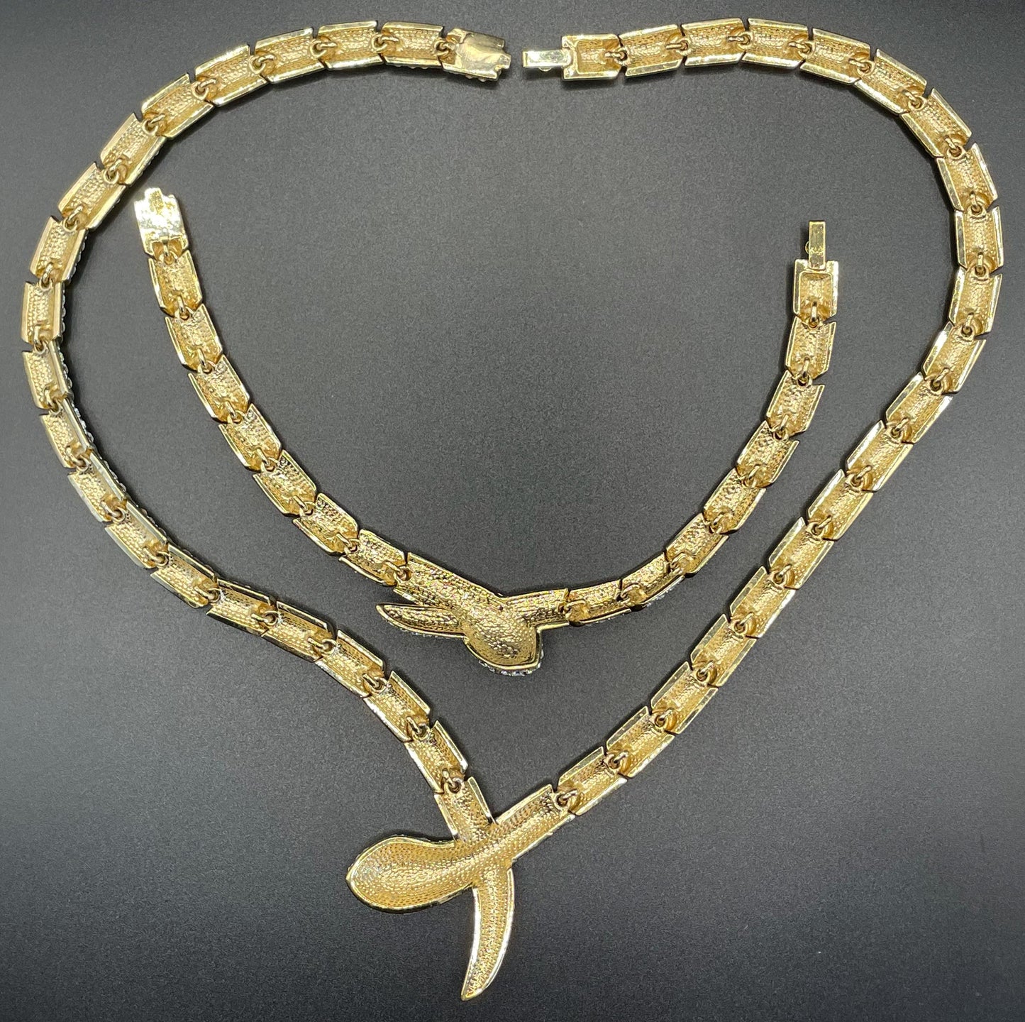 Vintage snake necklace and bracelet set, 22ct gold plated with clear rhinestone, black green enamel, unsigned Attwood and Sawyer A&S, fabulous quality 1980s style