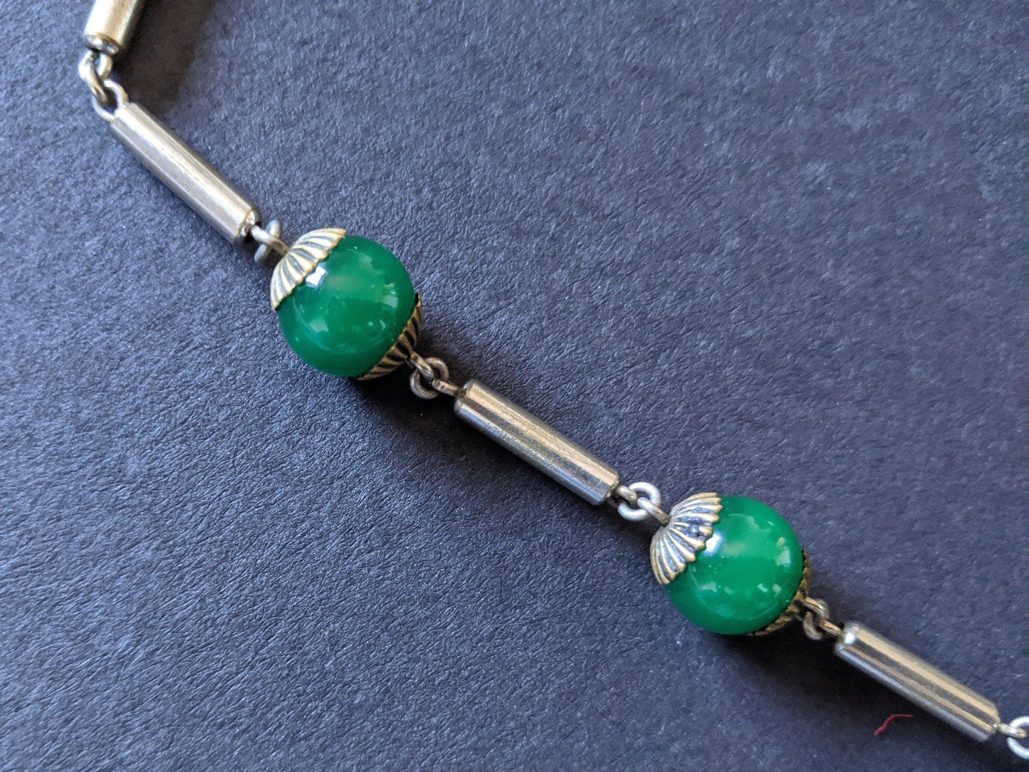 Vintage Art Deco heavy green glass bead and collet set cabochon Czech Neiger brothers or French necklace - fabulous large 3D centrepiece