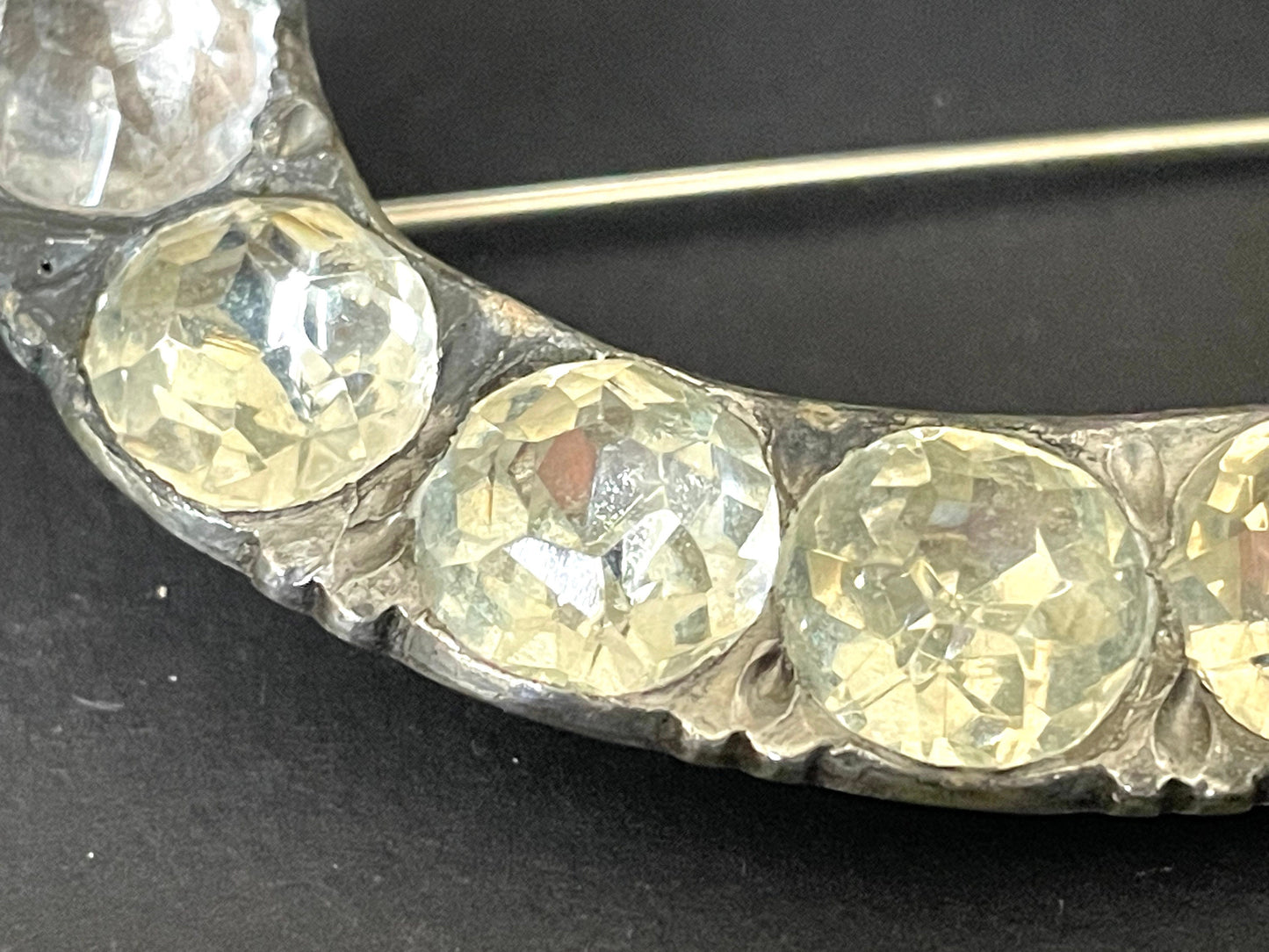 Large, heavy antique Georgian sterling silver, black dot clear paste rhinestone huge buckle brooch pin