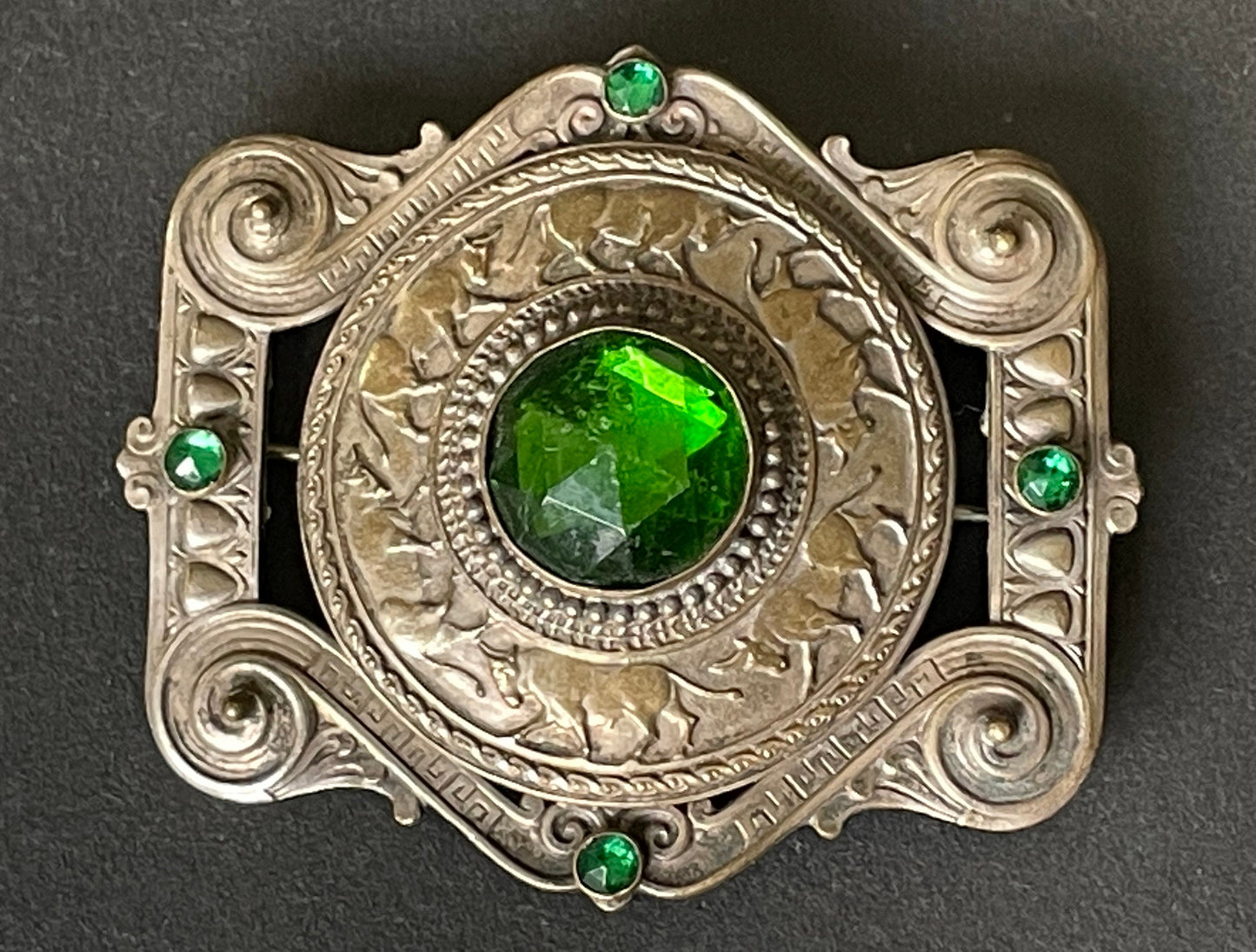 Huge vintage Apis sacred bull design brooch sash pin Art Nouveau to Art Deco Egyptian revival, emerald green rose cut rhinestones