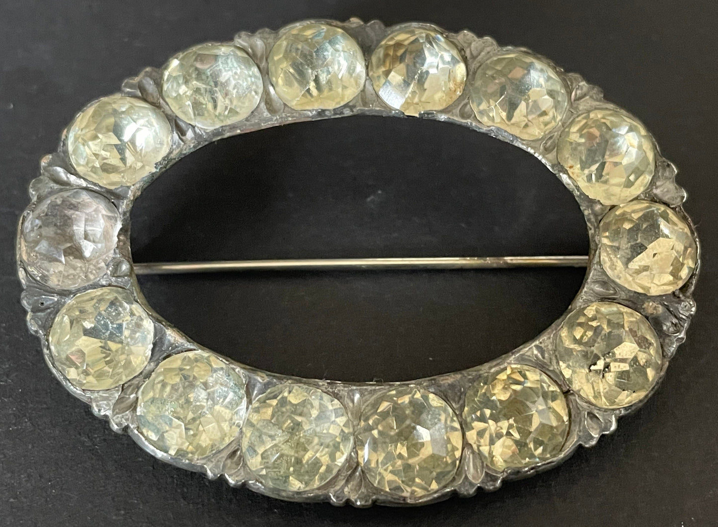 Large, heavy antique Georgian sterling silver, black dot clear paste rhinestone huge buckle brooch pin