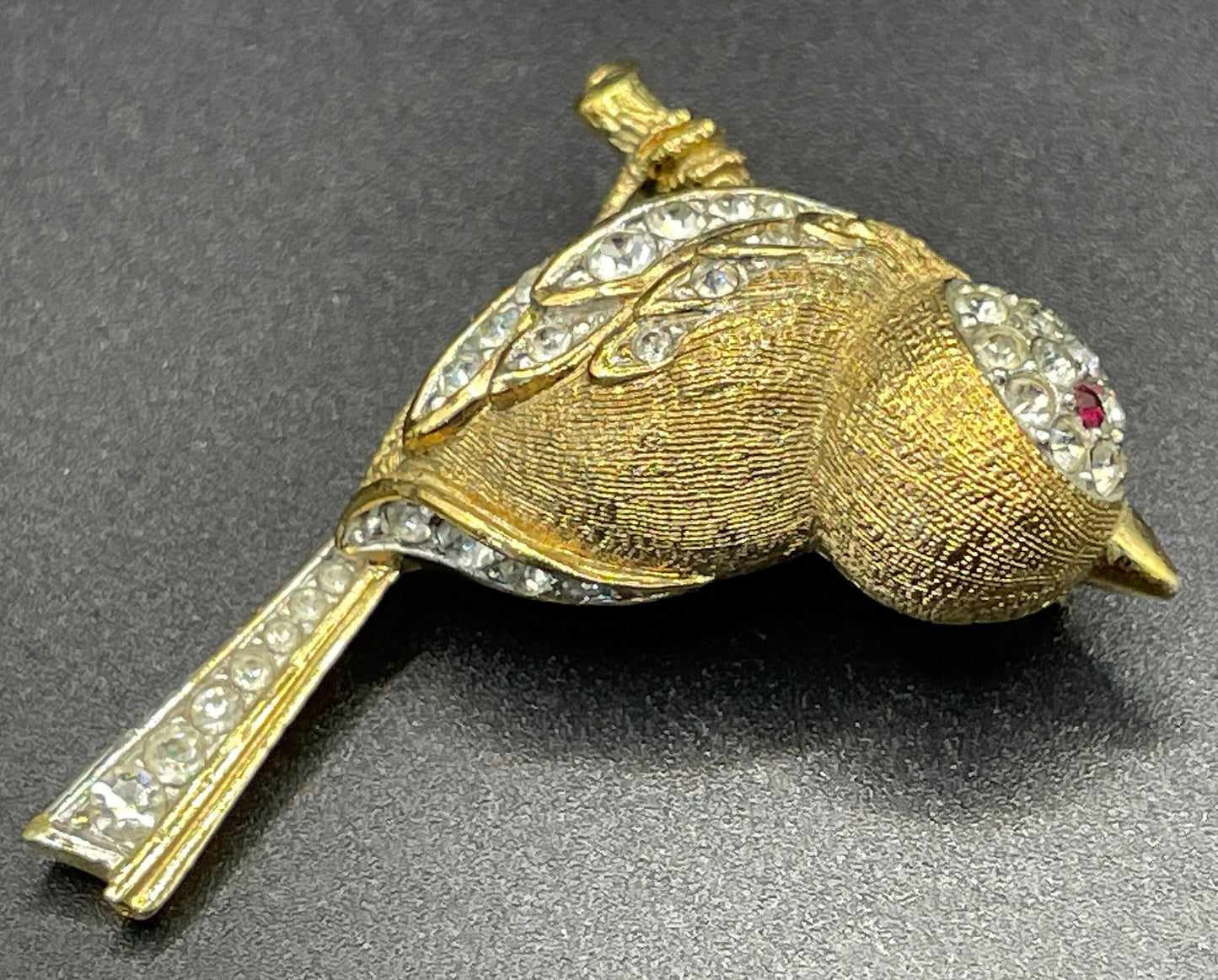 Vintage signed Attwood and Sawyer (A&S) 22ct gold plated with clear and red rhinestone adorable wren bird brooch