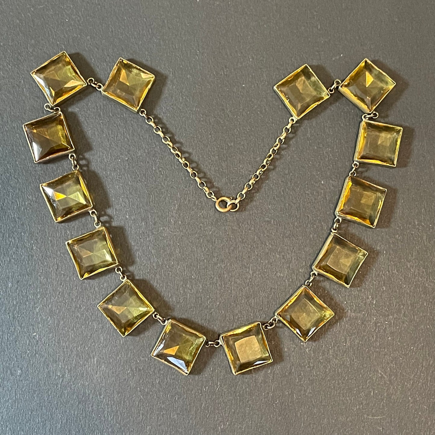 Antique late 19th century citrine yellow / orange crystal glass riviere necklace, huge bezel set open backed princess cut square rhinestones