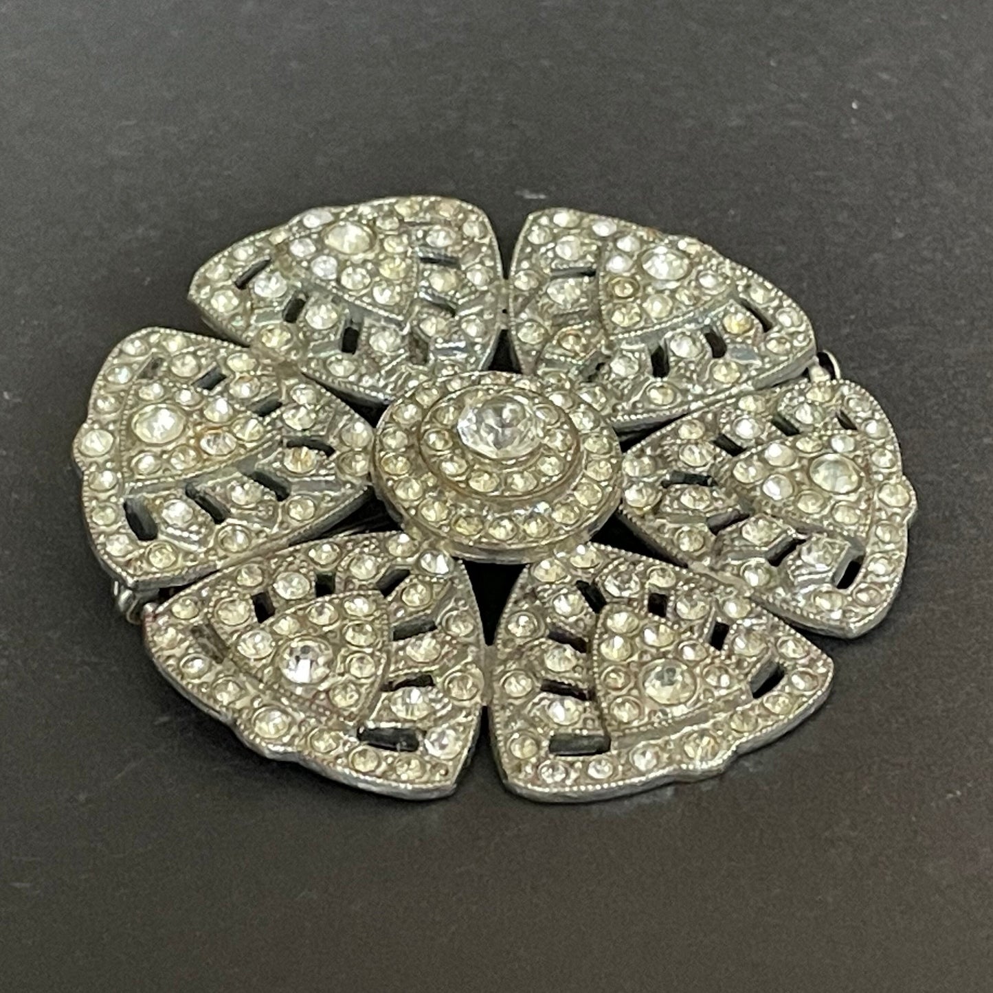 Huge vintage Art Deco paste flower brooch, with ice clear rhinestones and trombone clasp possibly French, large size