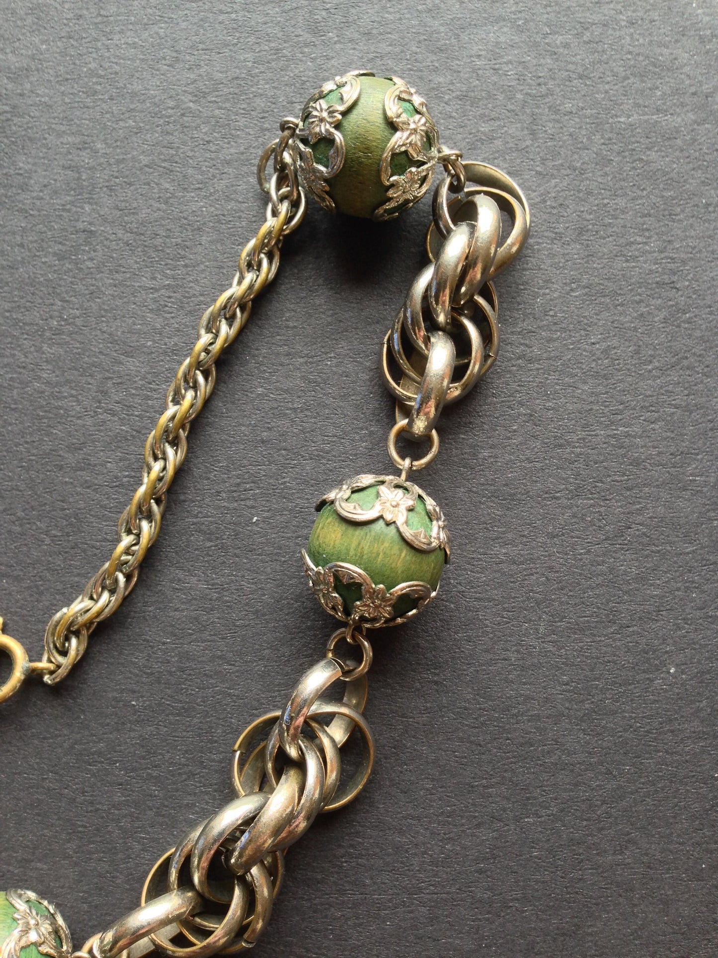 Vintage Art Deco machine age, chunky silver tone and green wood bead necklace - attributed to Jakob Bengel