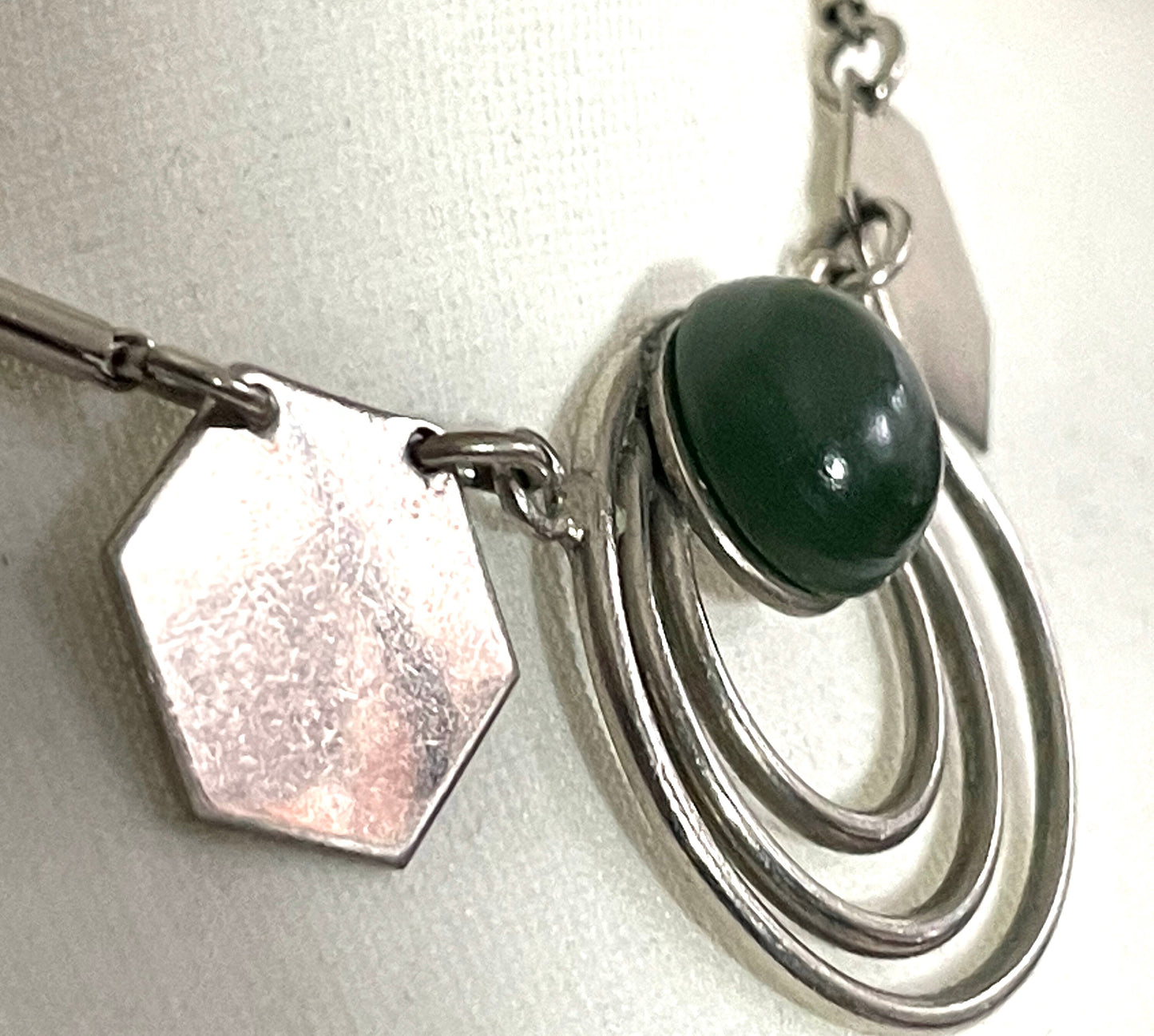 Vintage Jakob Bengel Art Deco machine age chrome and olive green galalith cabochon geometric necklace