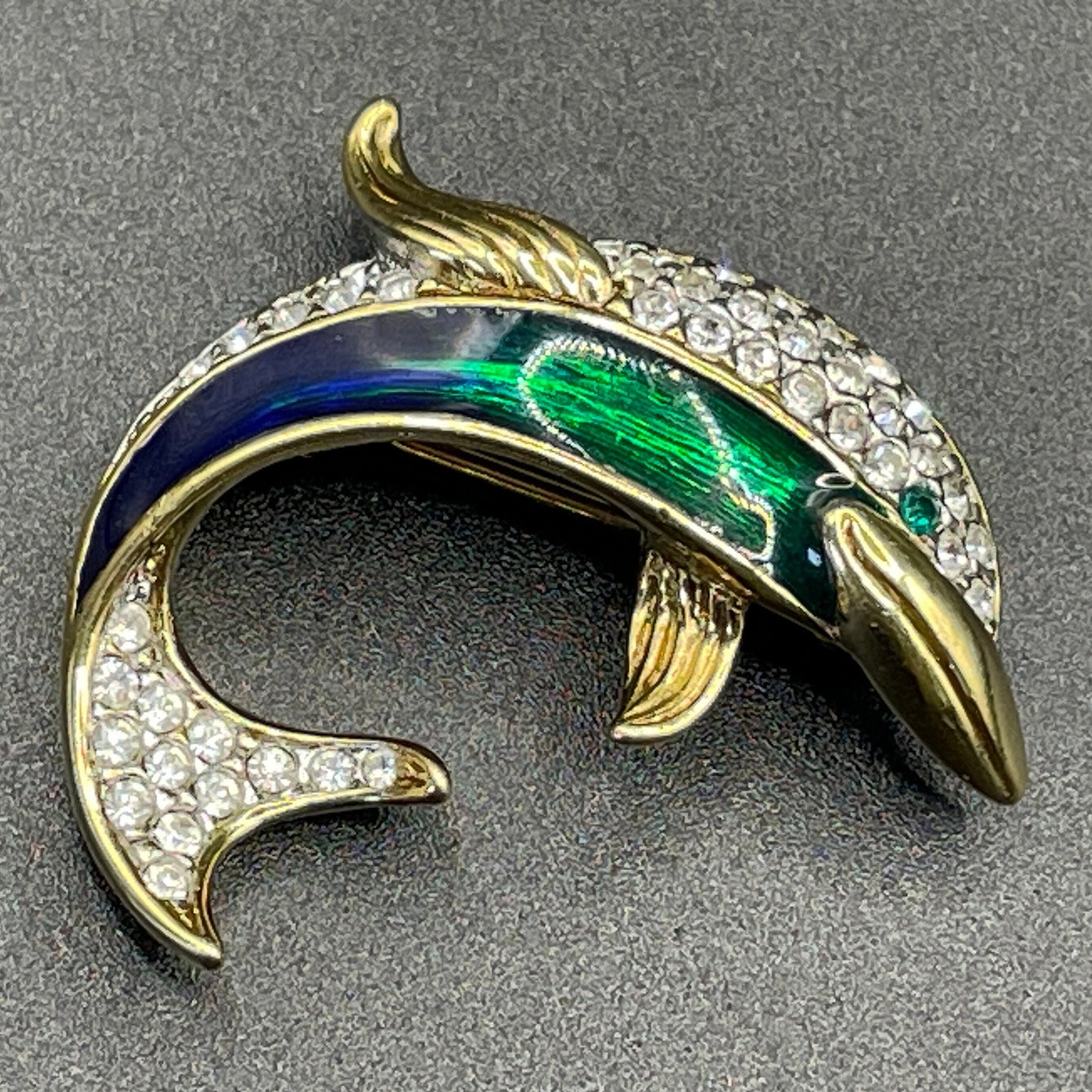 Vintage Attwood and Sawyer signed A&S 22ct gold plated, rhinestone and blue / green enamel dolphin brooch - adorable