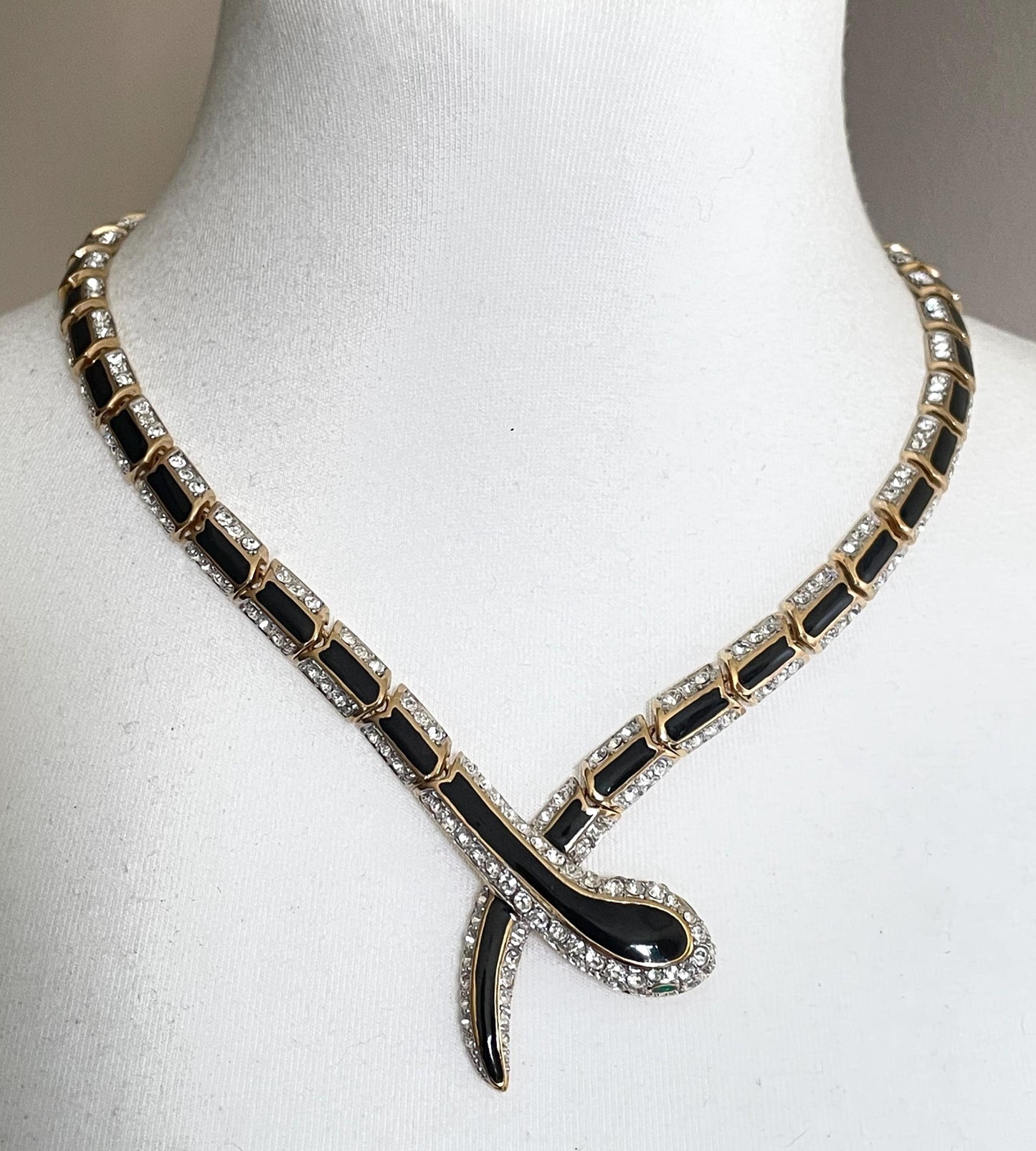 Vintage snake necklace and bracelet set, 22ct gold plated with clear rhinestone, black green enamel, unsigned Attwood and Sawyer A&S, fabulous quality 1980s style