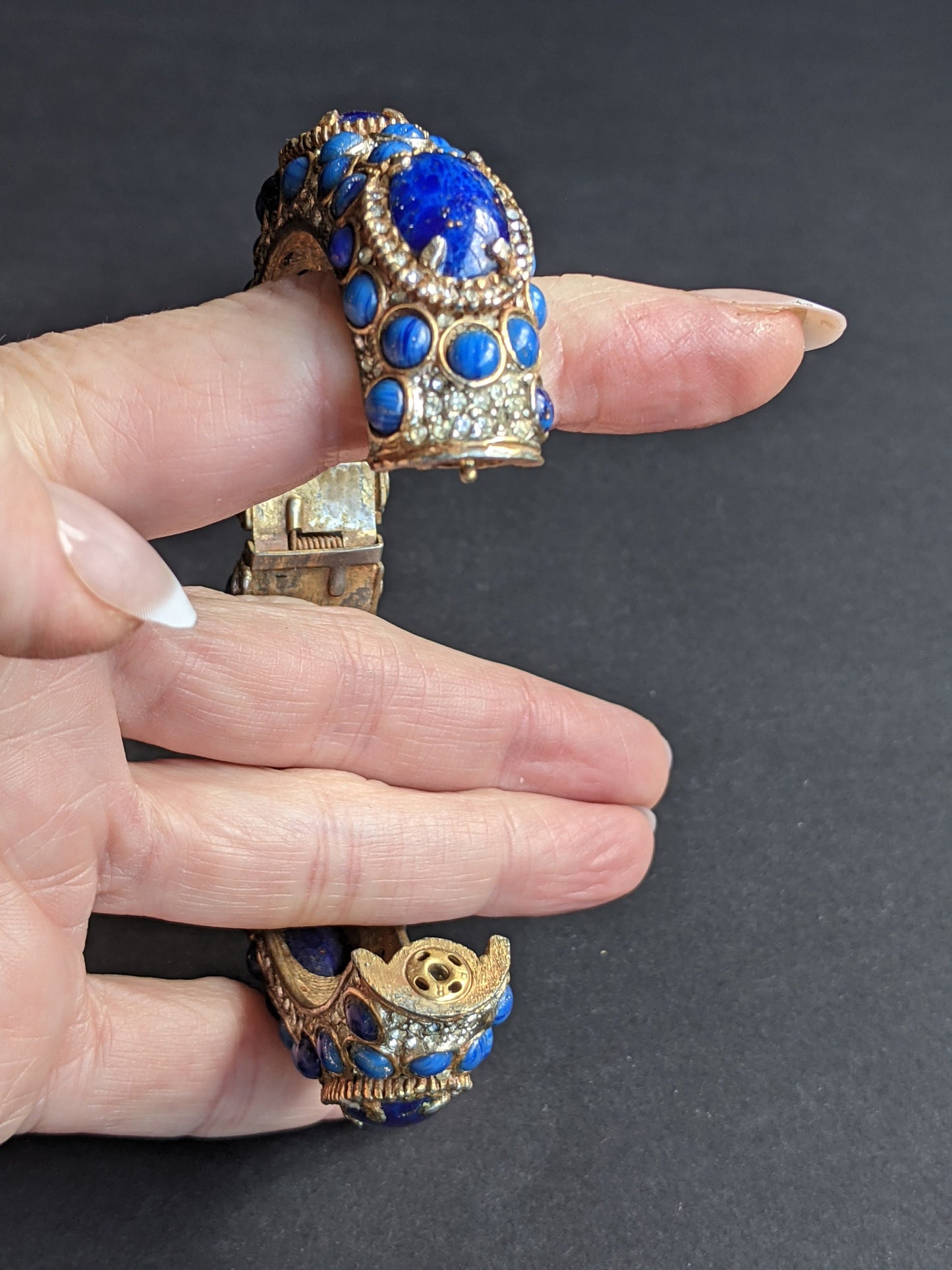 Vintage Kenneth Jay Lane KJL classic 1960s signed mogul style cabochon & rhinestone encrusted hinged bangle, lapis lazuli blue glass stones