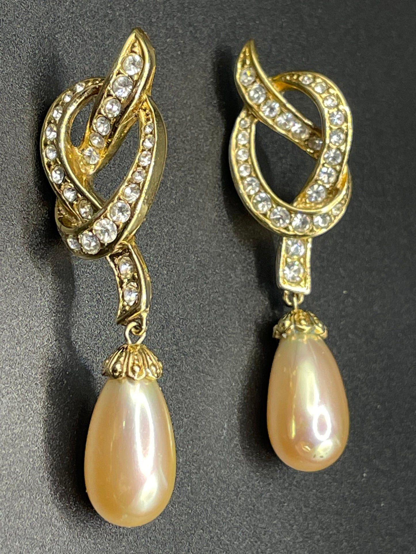 Vintage Attwood and Sawyer (A&S) signed faux pearl drop, rhinestone and 22ct gold plated necklace and earrings set, earrings for pierced ears