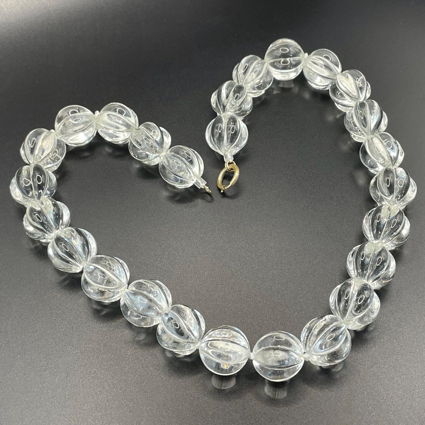 Vintage heavy Art Deco carved rock crystal or poured glass melon / pumpkin bead necklace, hand knotted, beautiful large beads