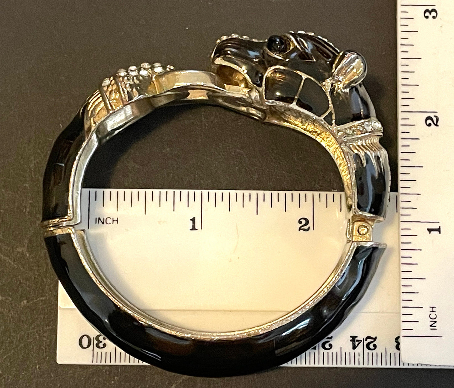 Large vintage leopard / panther bangle, gold tone, black enamel, rhinestones, very like Ciner foo dog or Kenneth Jay Lane bangles