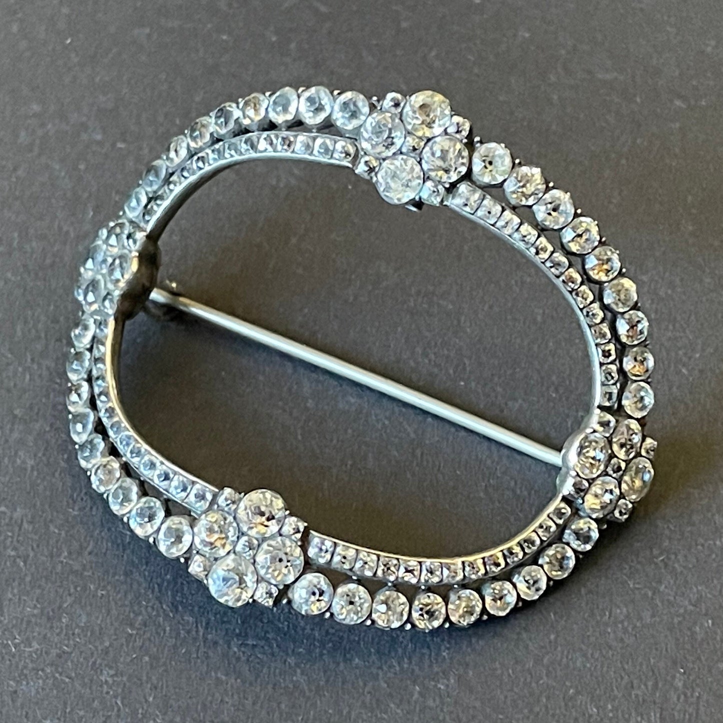 Large antique Georgian sterling silver, black dot clear paste rhinestone huge buckle brooch pin