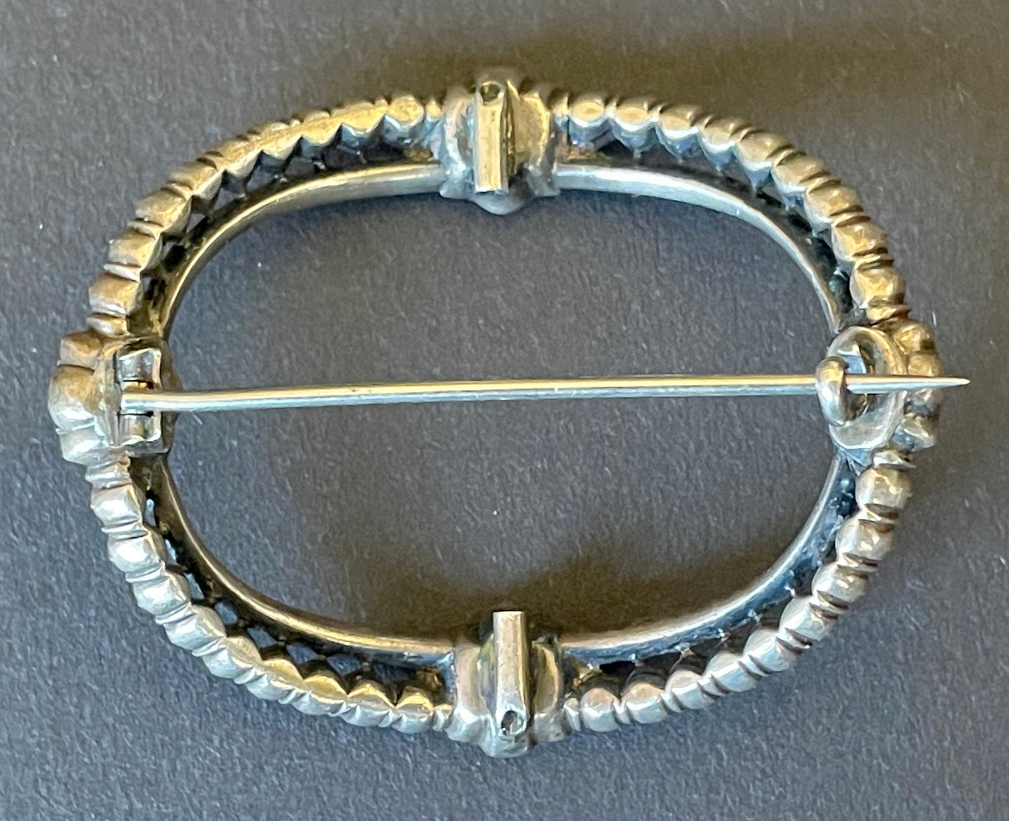 Large antique Georgian sterling silver, black dot clear paste rhinestone huge buckle brooch pin