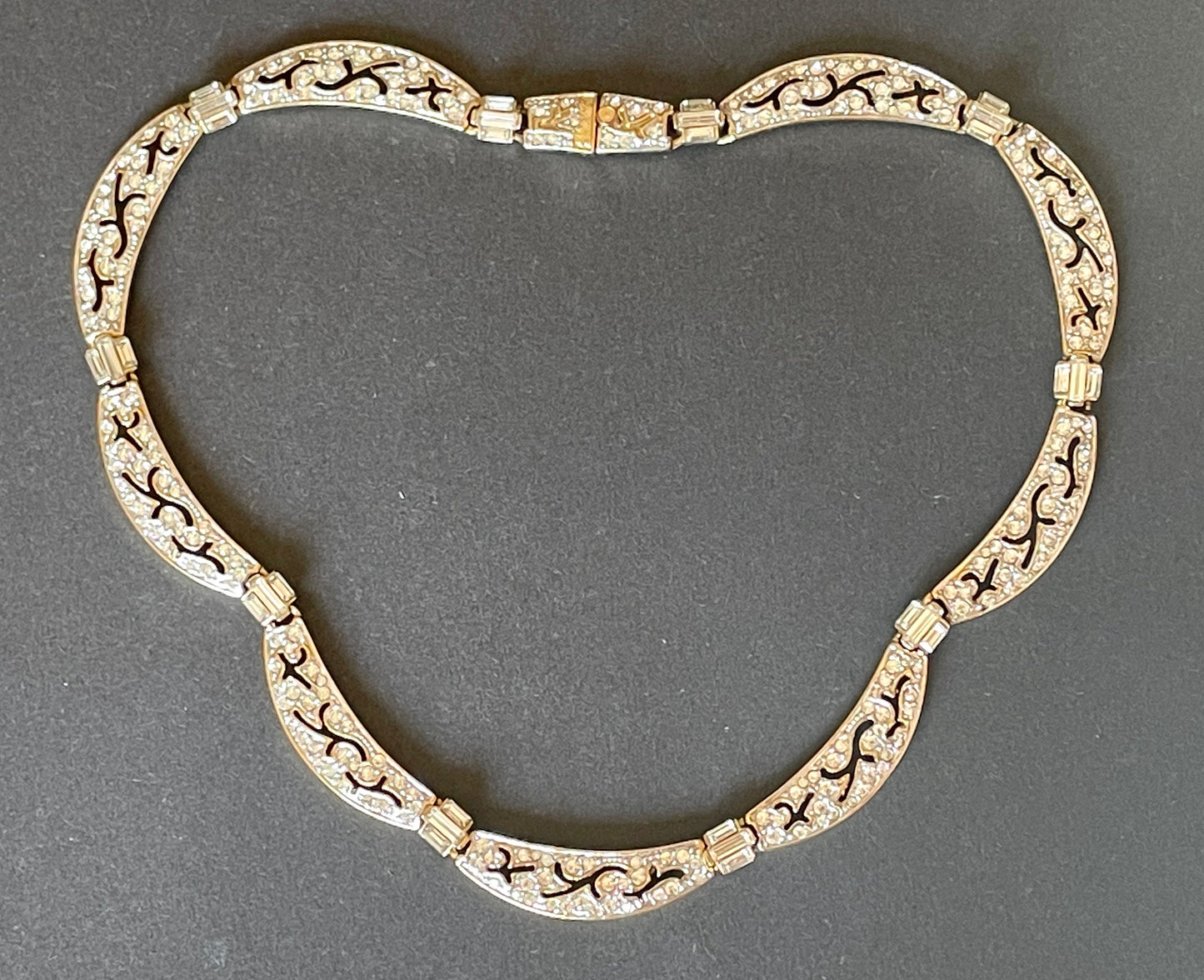 Vintage Attwood and Sawyer ( A&S ) signed antique style, ornate 22ct gold plated necklace, encrusted with clear rhinestones and cut-out design