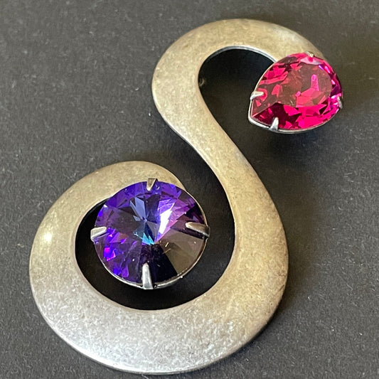 Vintage early Askew London large pink and purple rhinestone S shaped brooch, unsigned from original boutique
