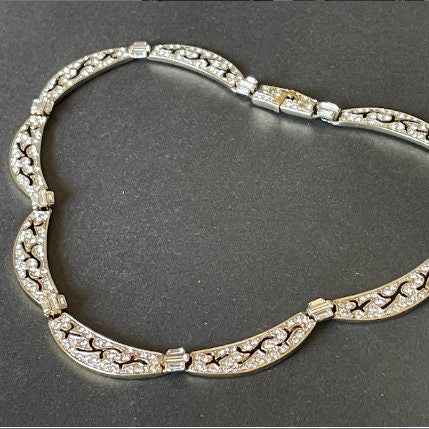 Vintage Attwood and Sawyer ( A&S ) signed antique style, ornate 22ct gold plated necklace, encrusted with clear rhinestones and cut-out design