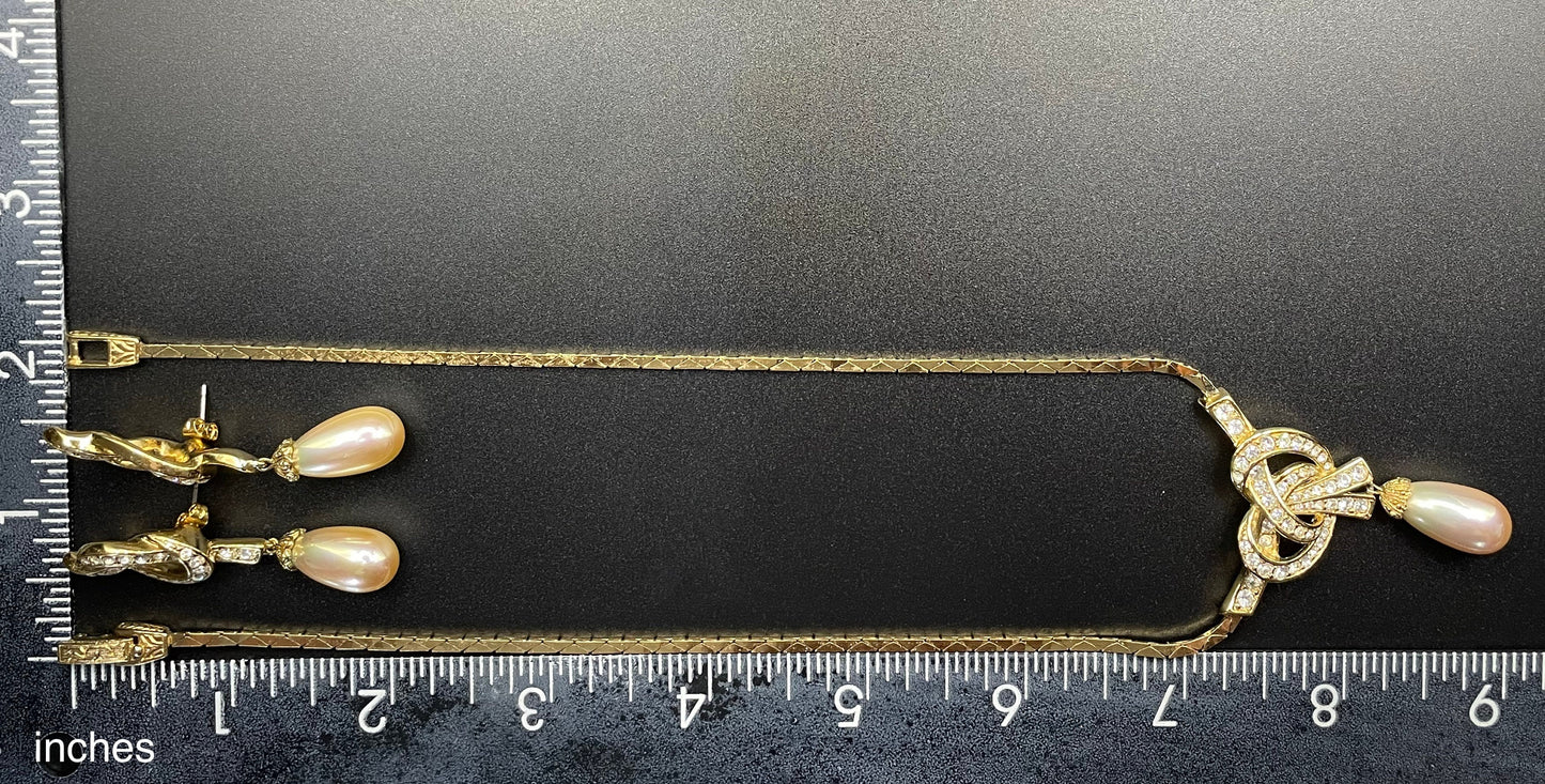 Vintage Attwood and Sawyer (A&S) signed faux pearl drop, rhinestone and 22ct gold plated necklace and earrings set, earrings for pierced ears