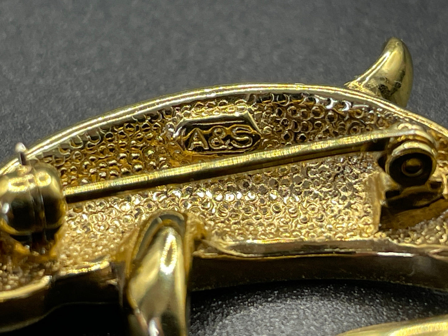 Vintage Attwood and Sawyer signed A&S 22ct gold plated, rhinestone and blue / green enamel dolphin brooch - adorable