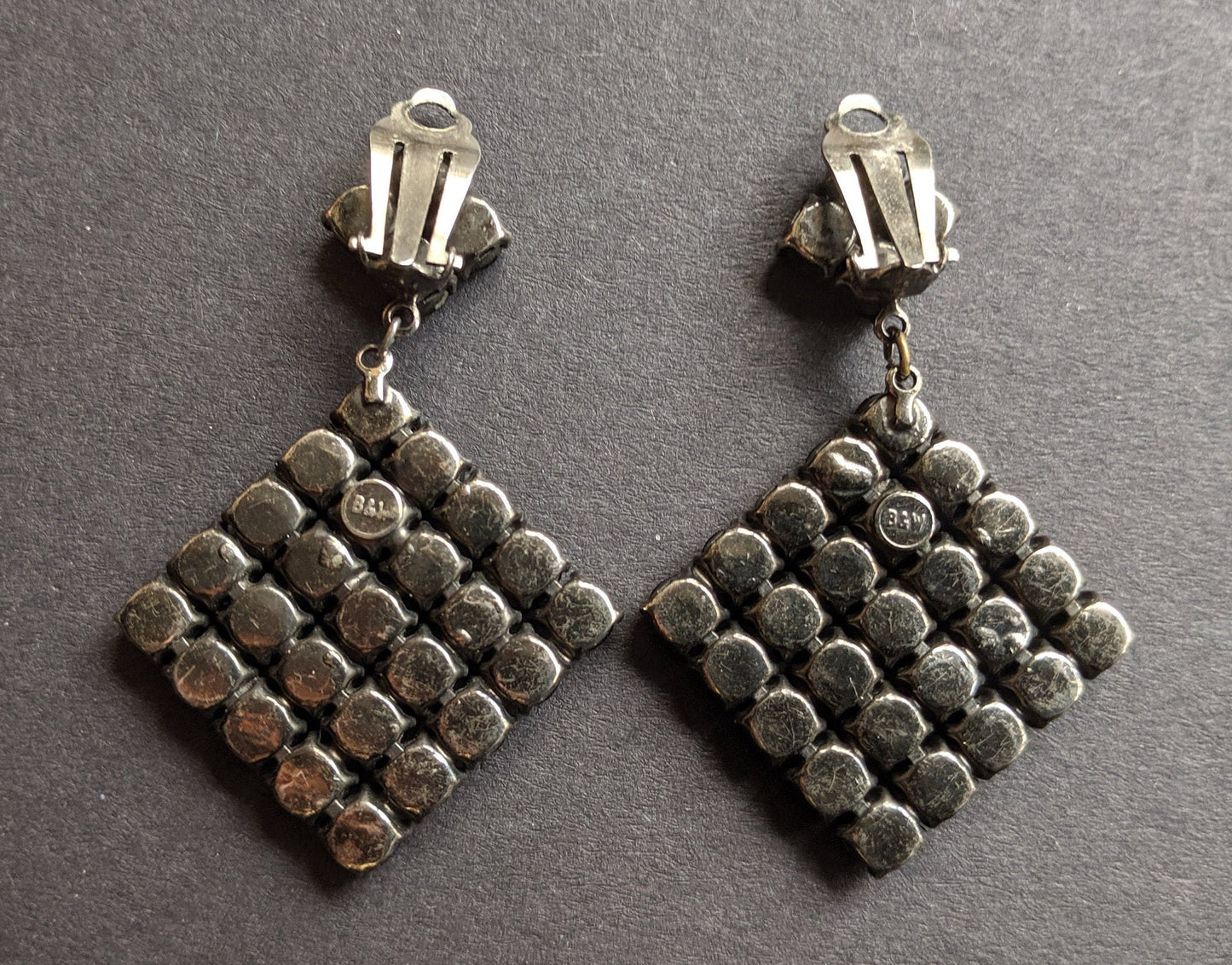 Vintage huge Butler and Wilson 1980s signed B&W electric blue and black rhinestone and darkened silver tone statement clip on earrings