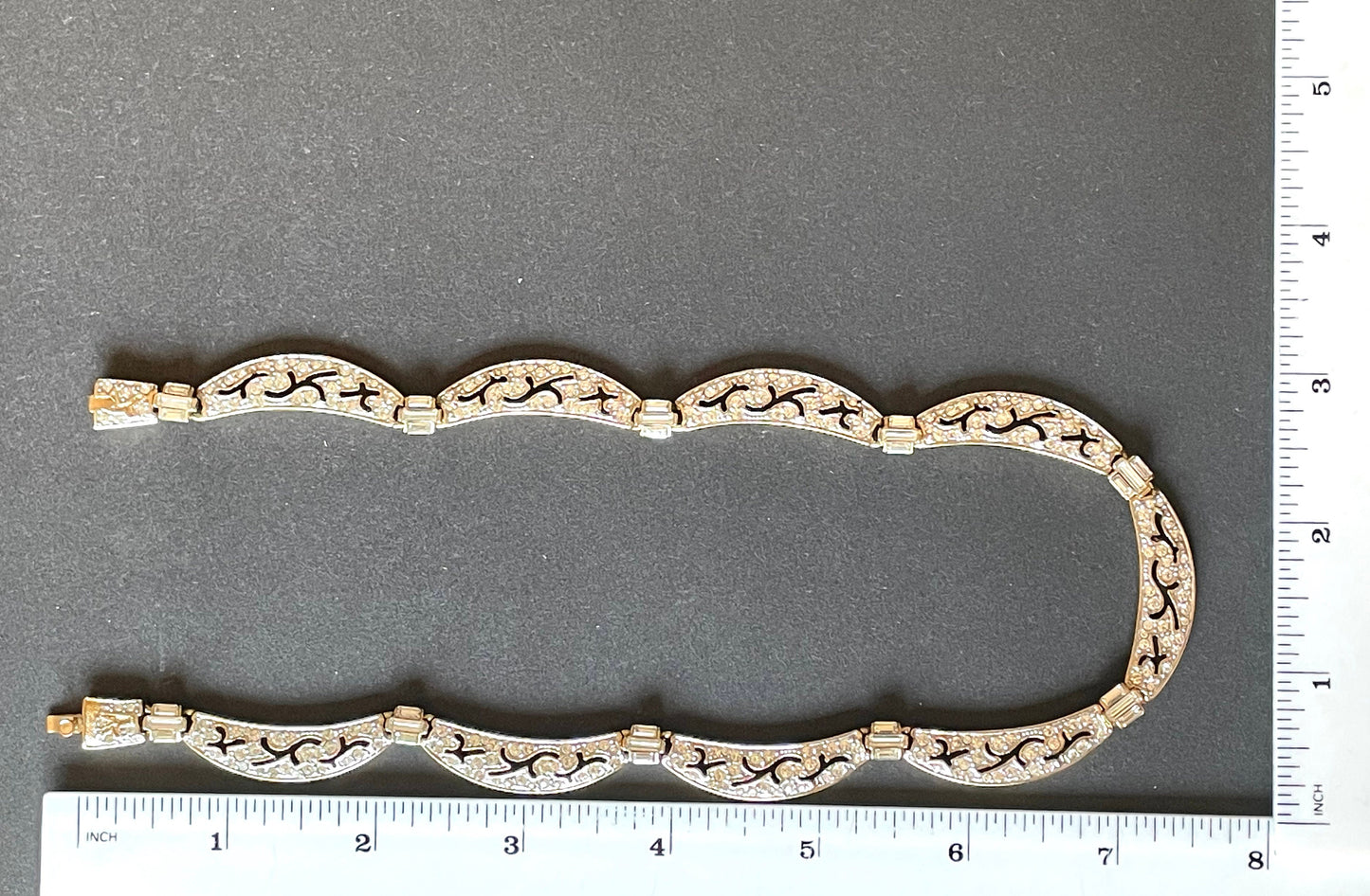 Vintage Attwood and Sawyer ( A&S ) signed antique style, ornate 22ct gold plated necklace, encrusted with clear rhinestones and cut-out design