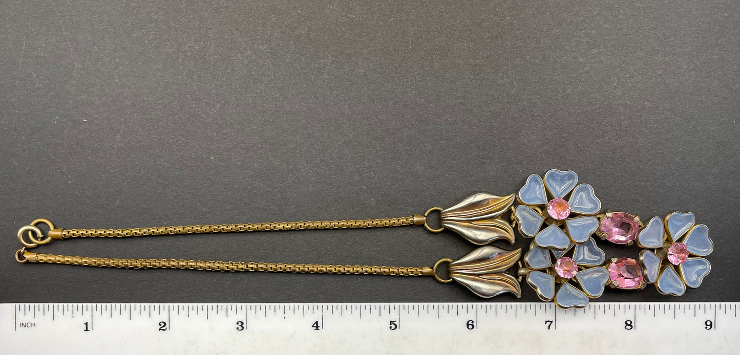 Rare vintage possibly Crown Trifari Alfred Philippe pale blue poured glass & pink rhinestone gold tone floral choker necklace, unsigned