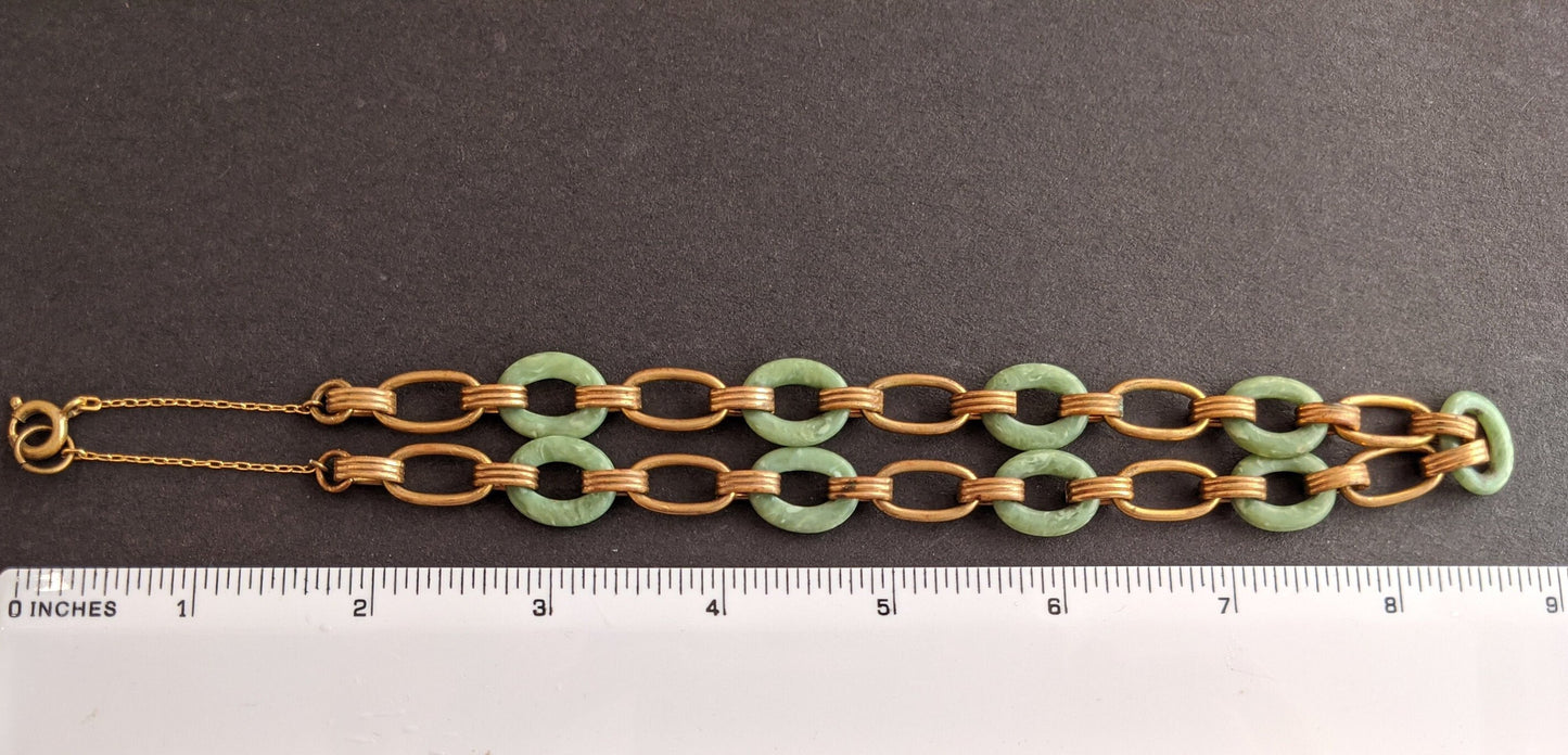 Vintage Jakob Bengel Art Deco machine age geometric gold tone and marbled green galalith ring necklace