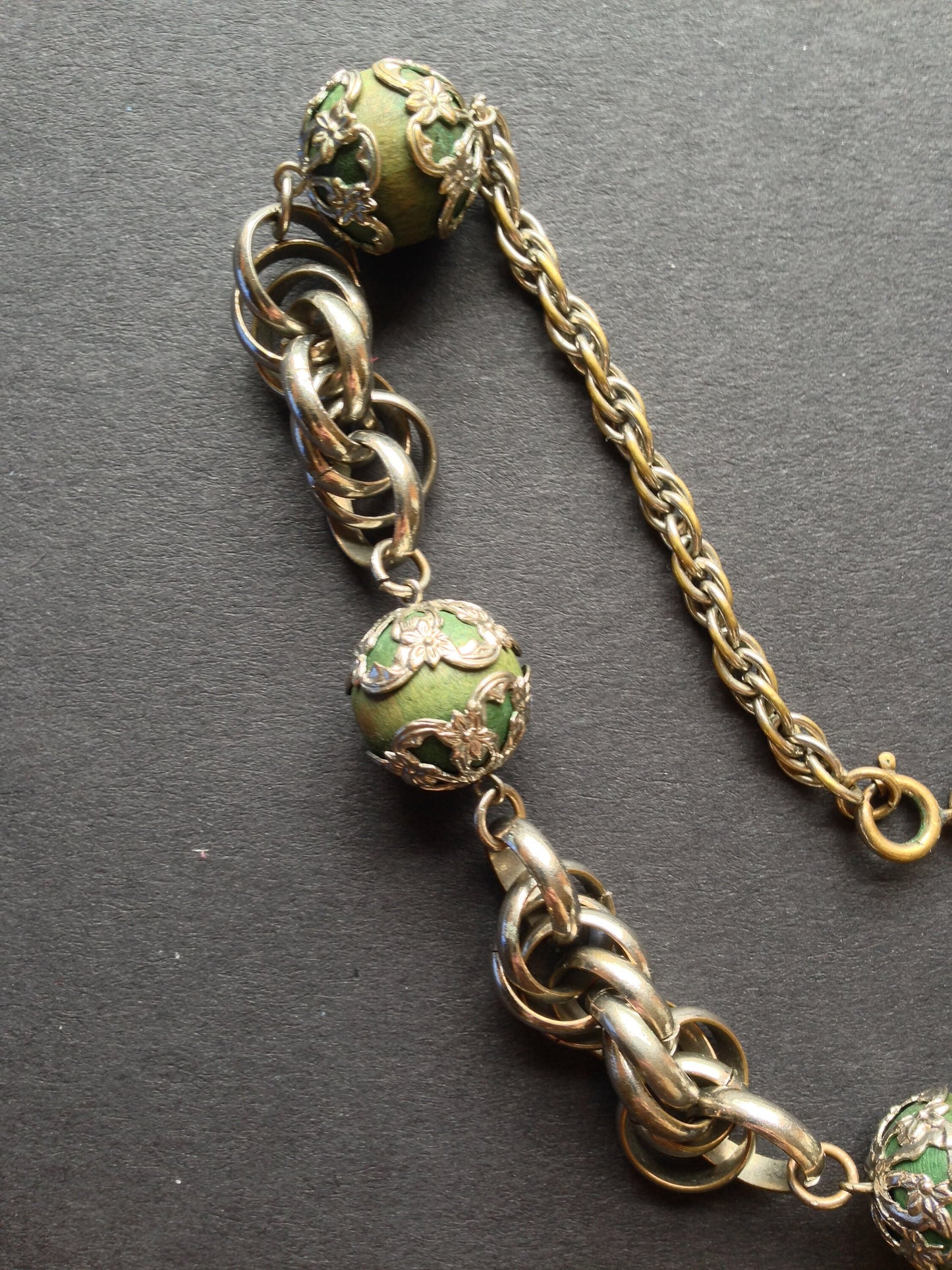 Vintage Art Deco machine age, chunky silver tone and green wood bead necklace - attributed to Jakob Bengel