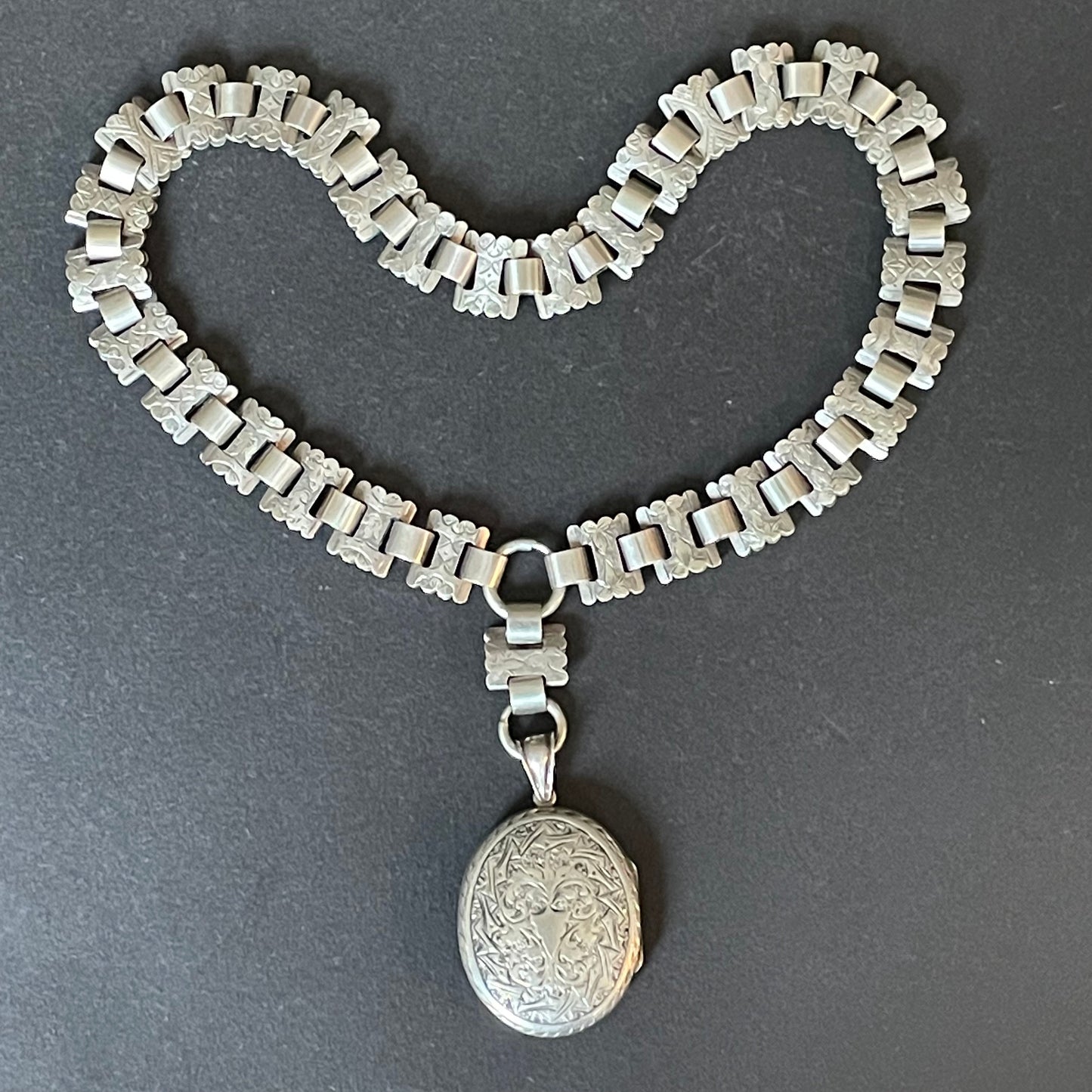 Antique Victorian sterling silver (tested) heavy bookchain necklace with large oval locket, beautiful engraving