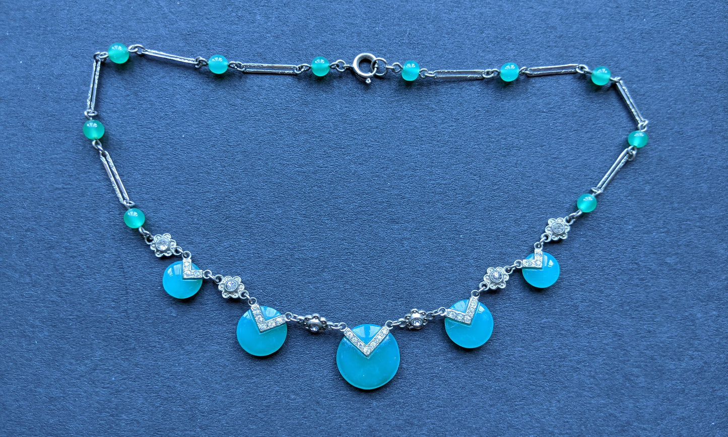 Vintage Art Deco teal green glass disc and paste geometric machine age choker necklace, gorgeous delicate detail
