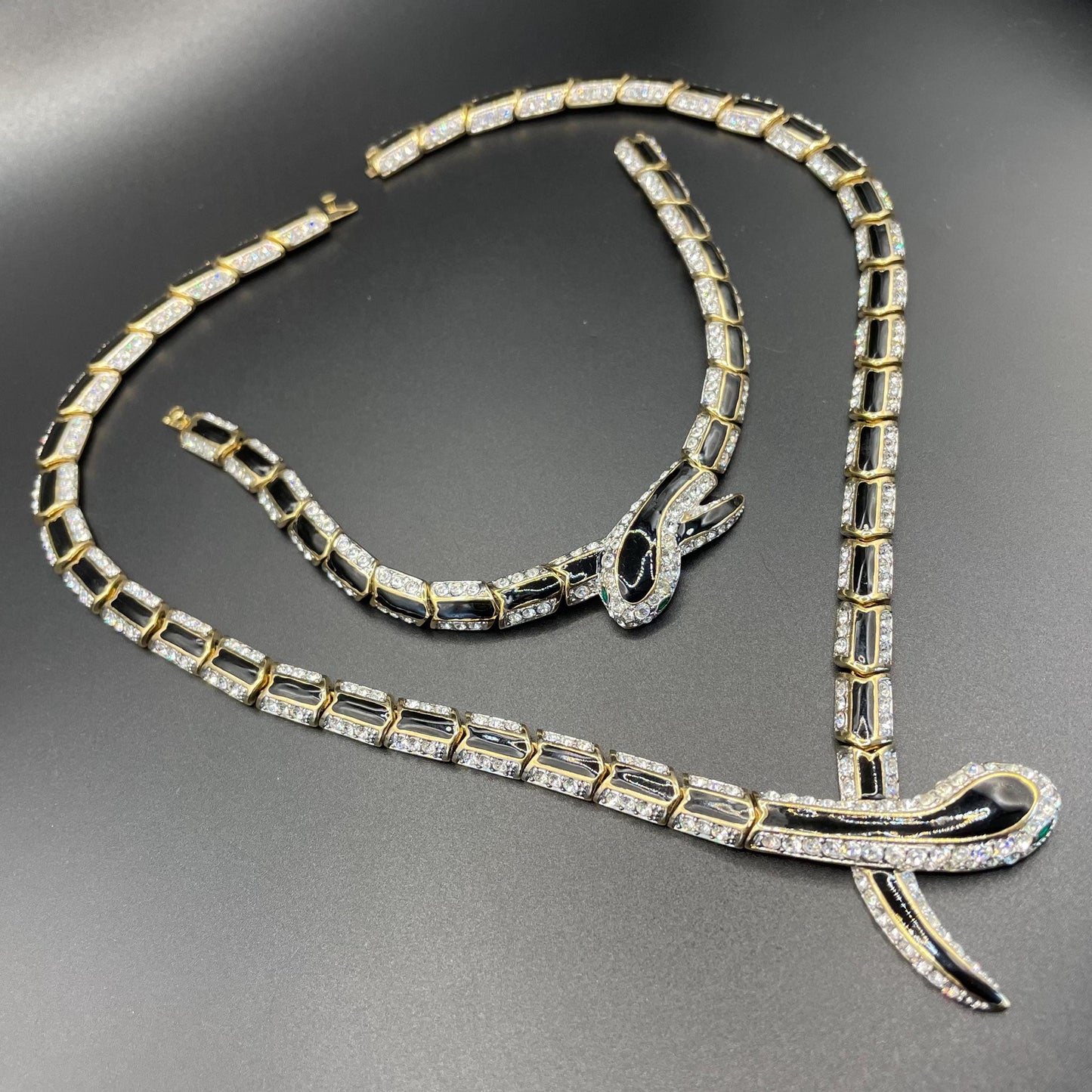 Vintage snake necklace and bracelet set, 22ct gold plated with clear rhinestone, black green enamel, unsigned Attwood and Sawyer A&S, fabulous quality 1980s style