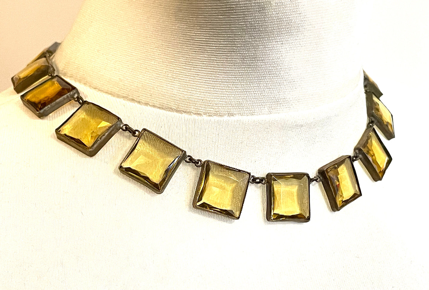 Antique late 19th century citrine yellow / orange crystal glass riviere necklace, huge bezel set open backed princess cut square rhinestones